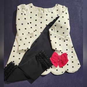 Maggie & Zoe Polka Dot Scalloped Hem Top w/ Bow, Black Leggings, Size 2T, GUC